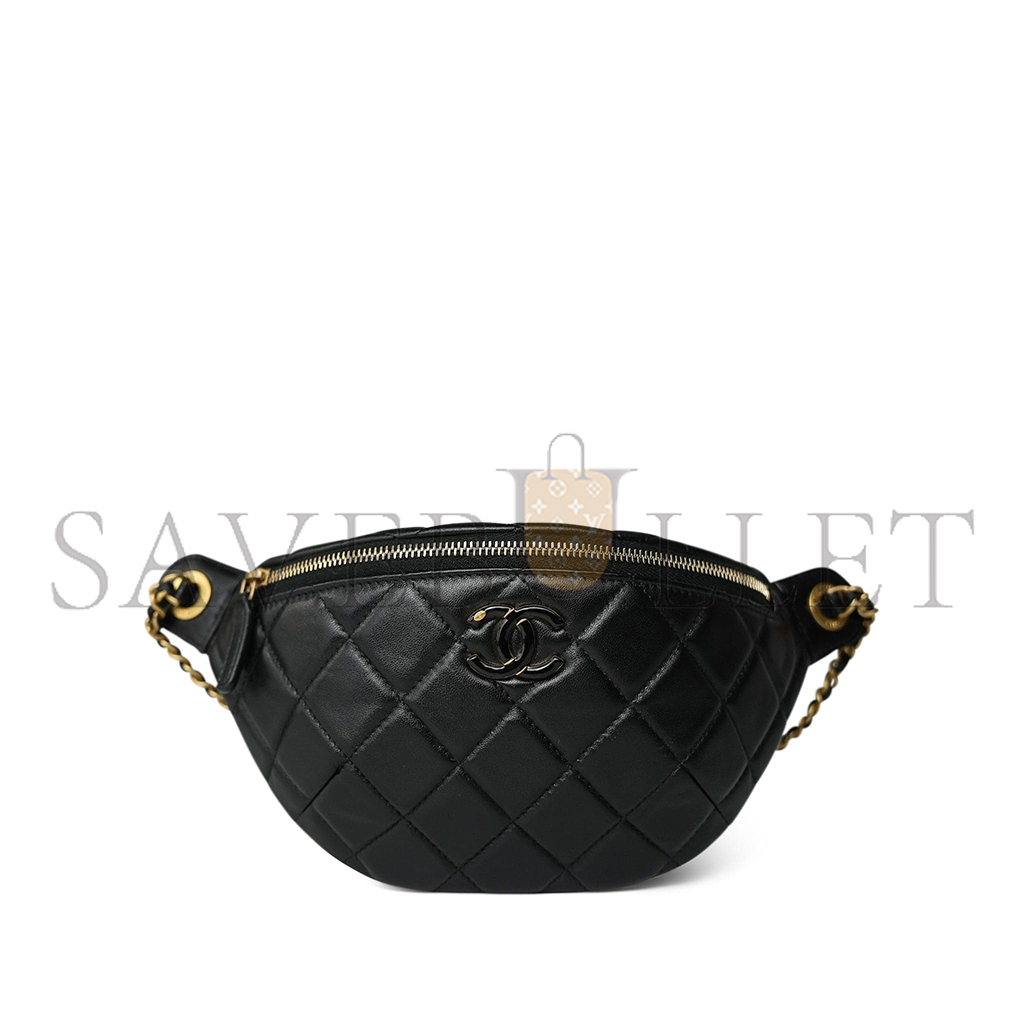 Ch*el 24a black lambskin quilted waist bag bumbag enamel cc chain aged gold hardware as4113 (27*13cm)